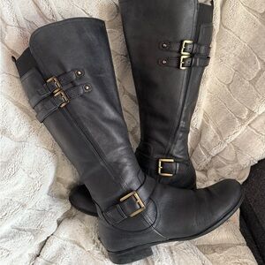 Black Leather Wide Calf Knee-High Boots 12W
